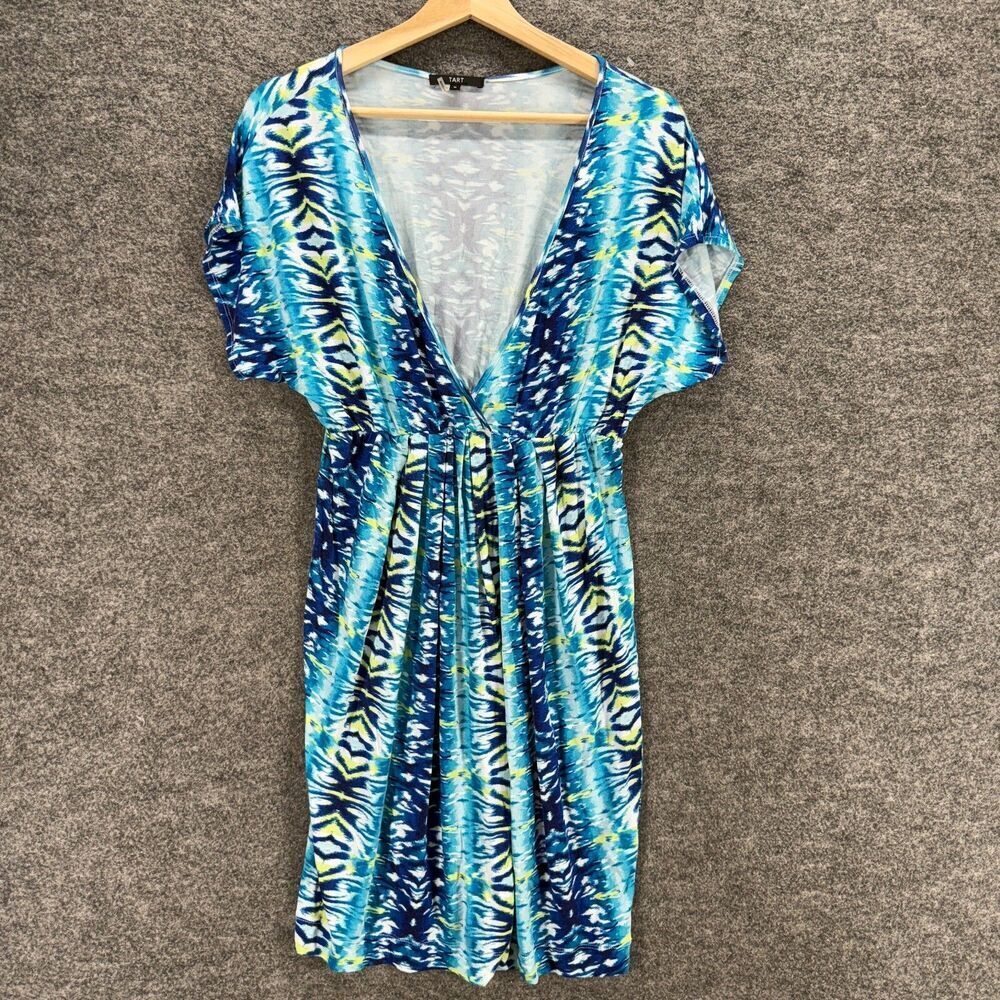 Tart Dress Women M Medium Blue Striped Sheath Midi V-Neck Short Sleeve Casual
